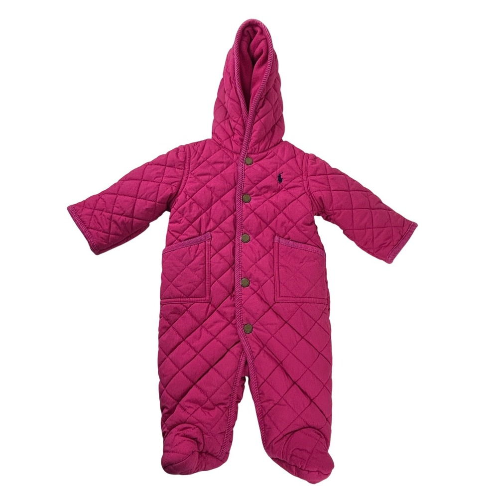 Ralph‎ Lauren Baby Girl Snow Suit 3M Barn Bunting Quilted Pink Hooded Fleece